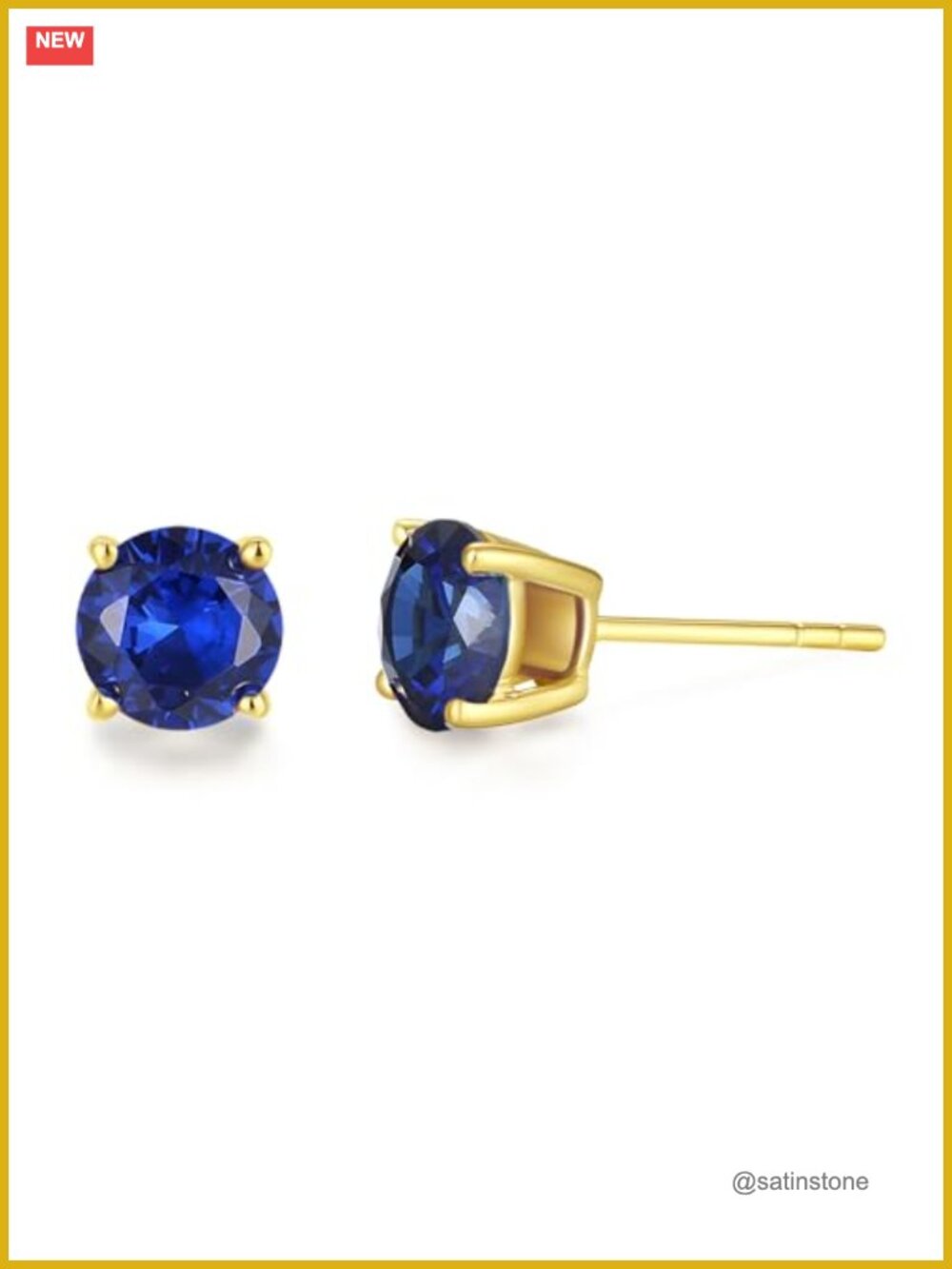 14K Solid Yellow Gold Round Created Sapphire Stud Earrings for Women September